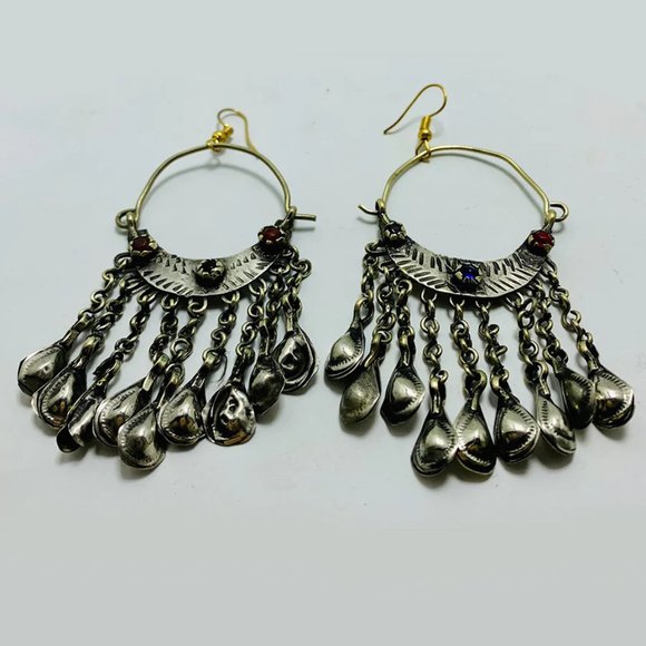 Vintage Silver Kuchi Earrings With Long Tassels, Tribal Earrings, Kuchi Boho - Picture 4 of 10